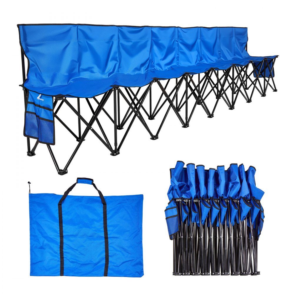 Portable Team Bench, Camping Bench (8 Person) with Side Pockets and Carry Bag, Folding Bench with Backrest, Side Bench for Football, Baseball, Outdoor Activities, Blue