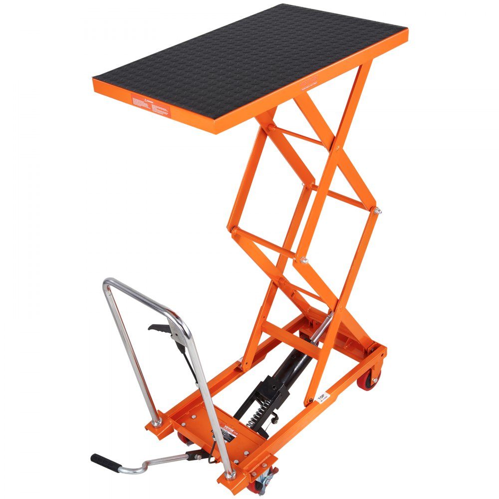 TFD15 Hydraulischer Hubwagen, Tischwagen, 330 Pfund Kapazität, 50 Zoll, mit 4 Rädern und rutschfester Unterlage für Materialhandhabung und Transport, Orange