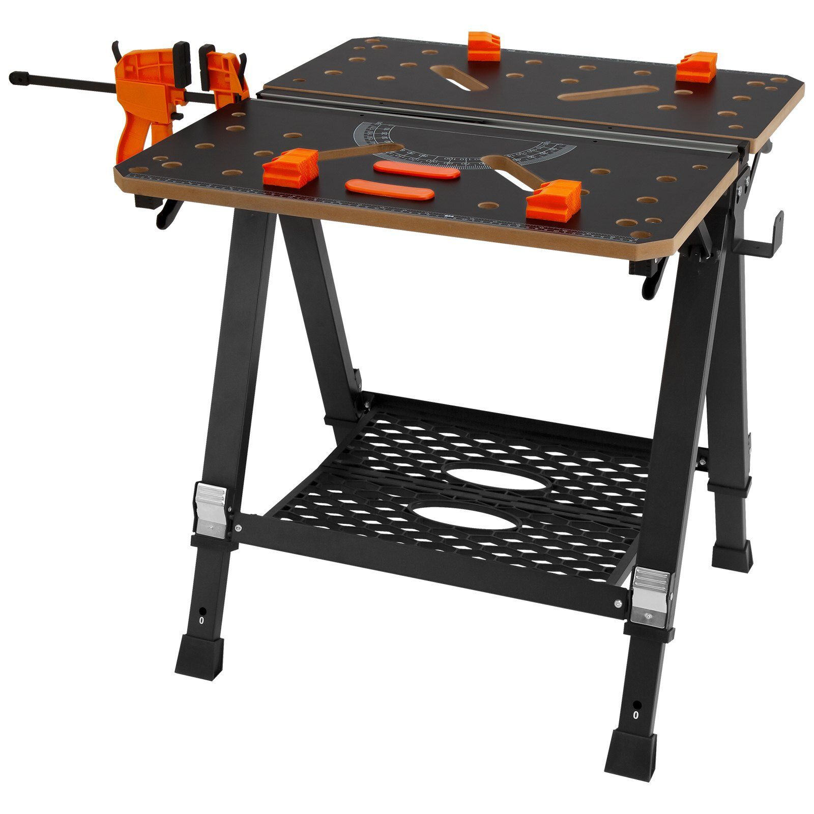 Work and clamping table 454kg load capacity 70x65cm Large work surface Foldable 60-92cm Height-adjustable workbench MDF table top Q195 steel frame Work table for sawing grinding cleaning