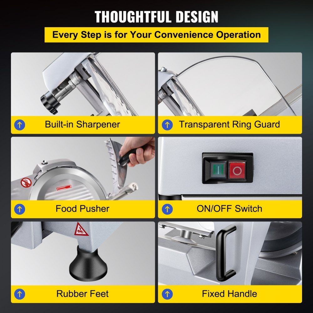 Commercial Meat Slicer, 240W Electric All Slicer Food Slicer with 10" Carbon Steel Blade, 0-12mm Adjustable Thickness for Meat, Cheese, Vegetables etc