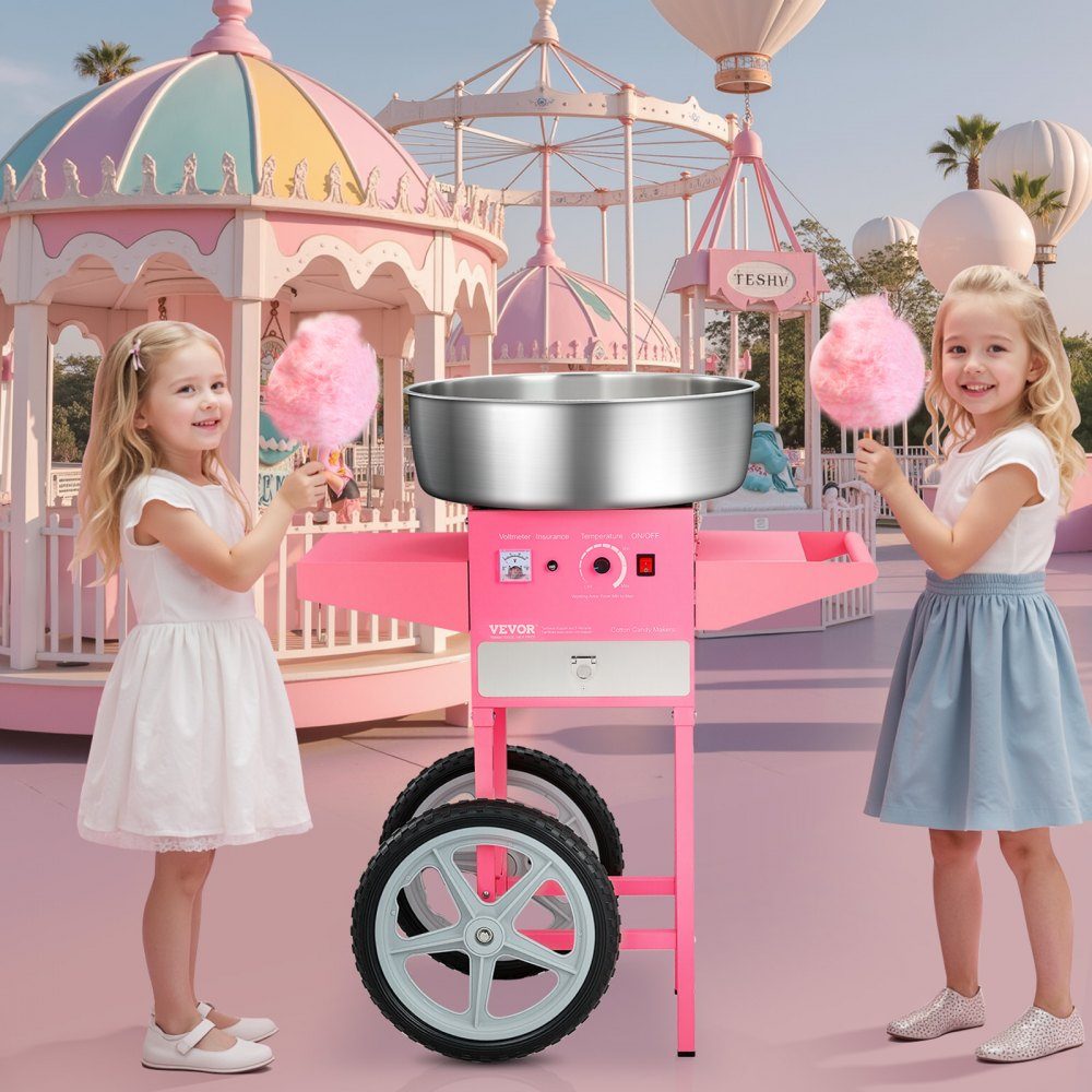 Machine à barbe à papa électrique, machine à barbe à papa commerciale avec chariot (1000 W), avec bol en acier inoxydable de 52 cm, cuillère à sucre et tiroir, parfaite pour les anniversaires d'enfants, les réunions de famille, rose