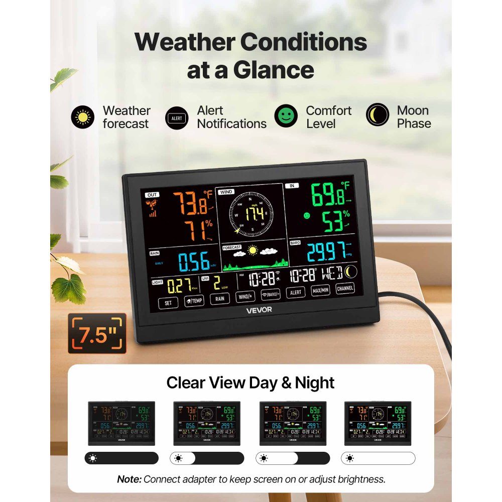 7-in-1-WLAN-Wetterstation mit APP, 7,5-Zoll-VA-Display, solarbetriebener Außensensor, Wettercenter für Wettervorhersage, Windgeschwindigkeit, Temperatur, Luftfeuchtigkeit, Niederschlag