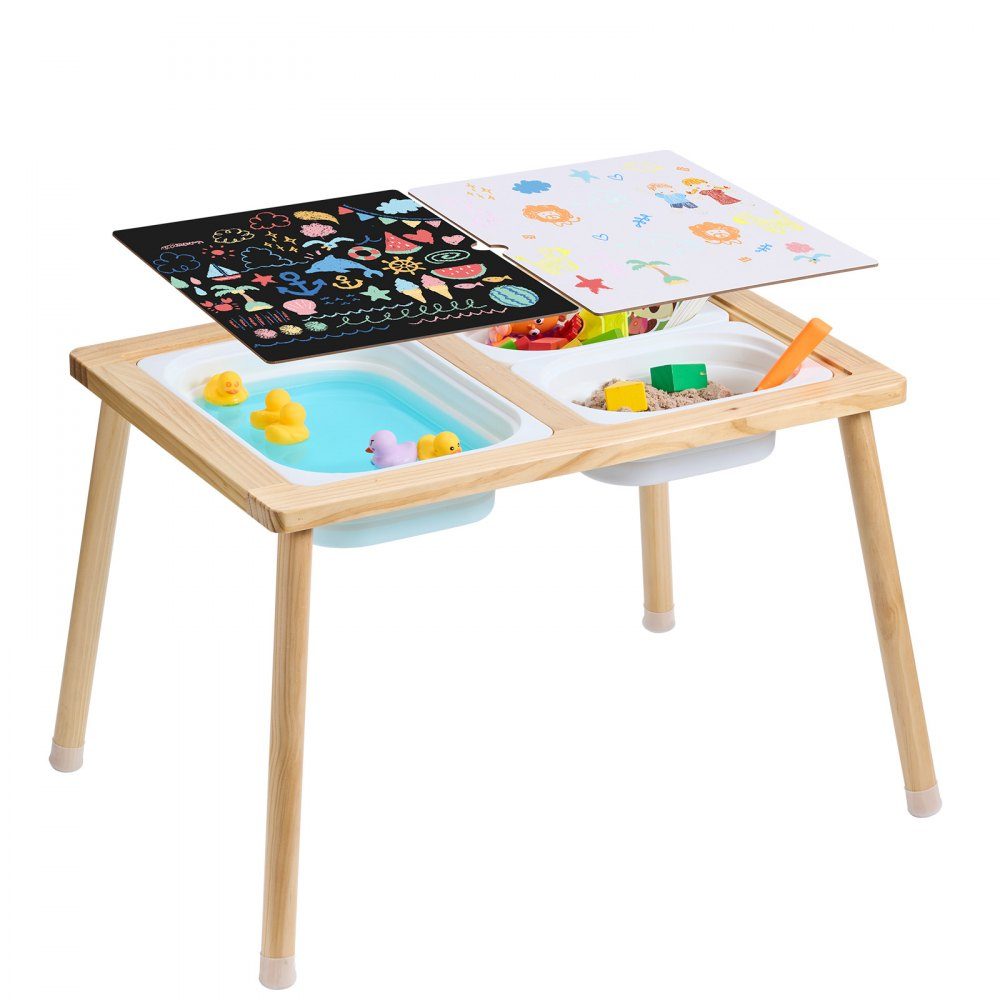Sensory Table for Toddlers, Activity Table with 3 Foldable Storage Bins and Double Sided Board, Sand and Water Table, Wooden Sensory Table for Kids to Learn Drawing and Eating