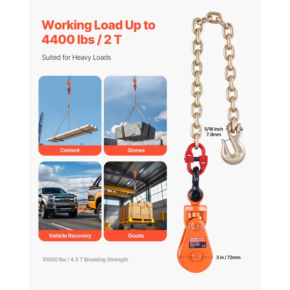 2 ton pulley with G80 chain, swivel shackle, 74mm pulley for 3/8" wire rope, forestry winch for towing and recovery applications on flatbed trailers and rollback tow trucks