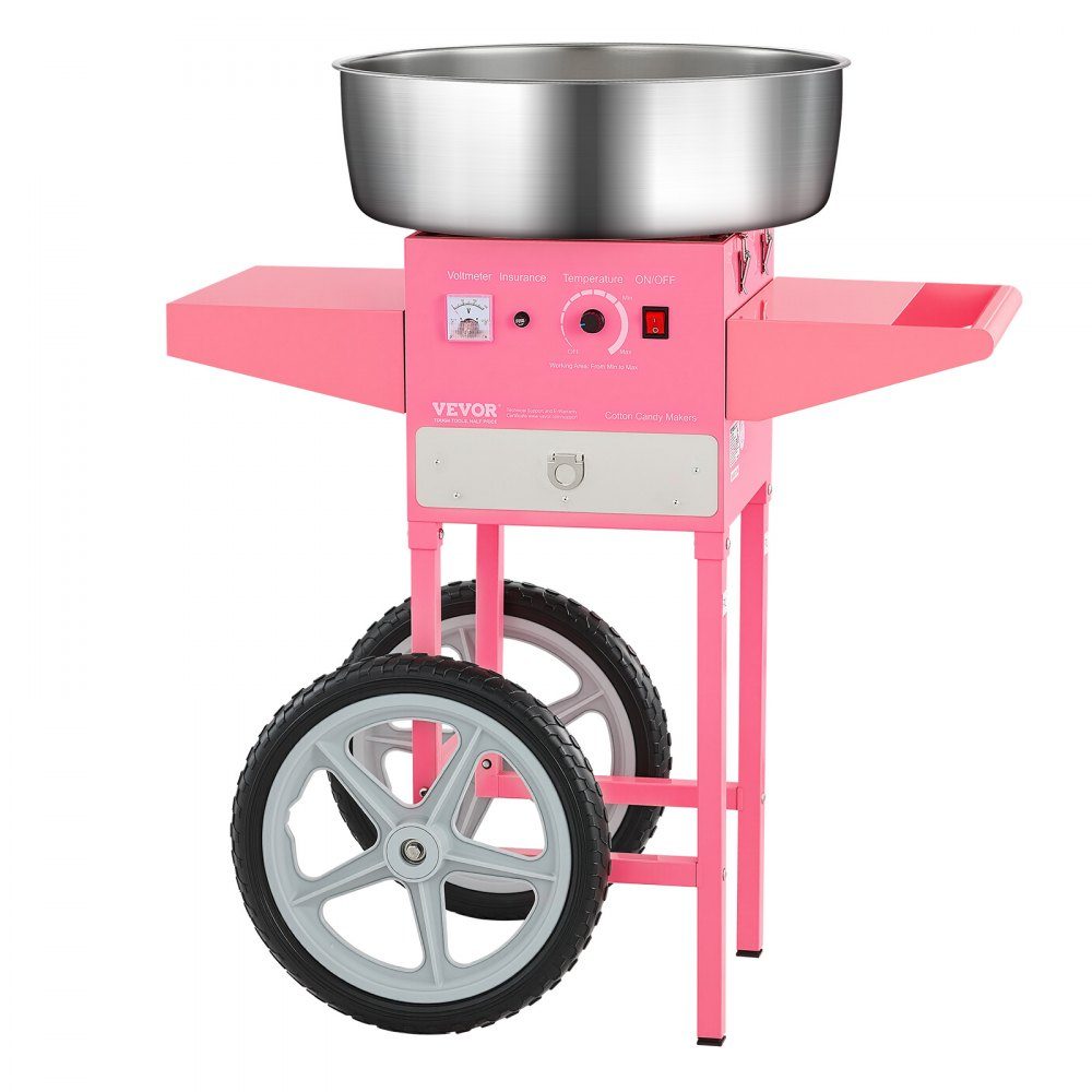 Machine à barbe à papa électrique, machine à barbe à papa commerciale avec chariot (1000 W), avec bol en acier inoxydable de 52 cm, cuillère à sucre et tiroir, parfaite pour les anniversaires d'enfants, les réunions de famille, rose