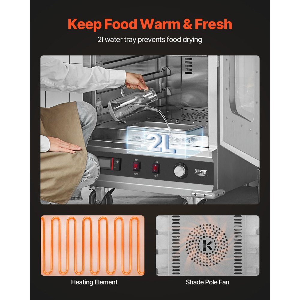 Réchauffeur de nourriture Hot Box, chauffe-collation à 16 niveaux, bol d'eau, porte en verre simple et étagères réglables, armoire chauffante en acier inoxydable, idéal pour conserver la pizza, le poulet