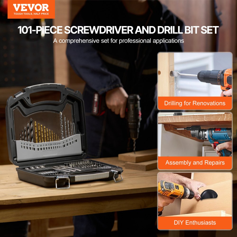 Drill set 101 pieces, drill and screwdriver bit set, screwdriver bit set suitable for drilling and screwing in wood, metal and cement, drill sets combination set sorted in an organized transport case Drill set 101 pieces, drill and screwdriver bit set, screwdriver bit set suitable for drilling and screwing in wood, metal and cement, drill sets combination set sorted in an organized transport case