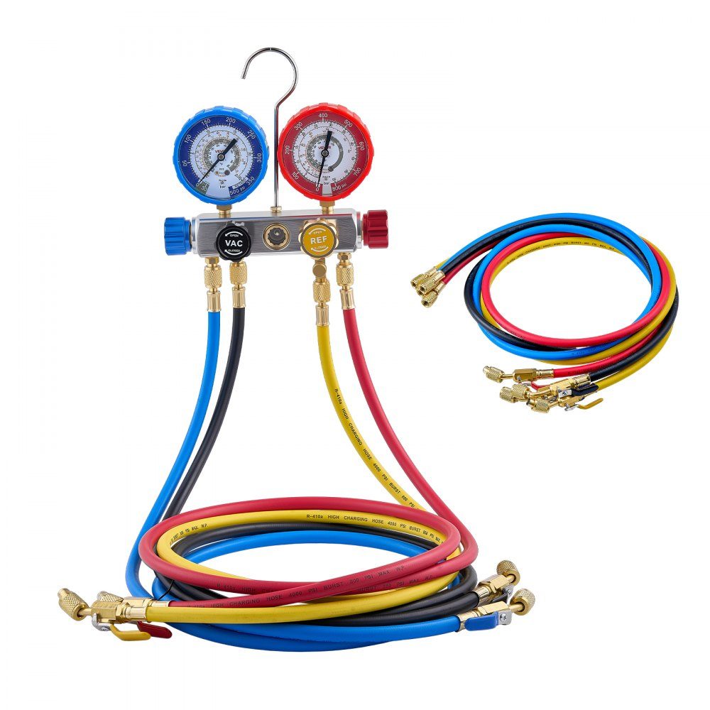 Air Conditioning Pressure Gauge Set for Refrigerant R22 R404A R410A R12, 4 Way Pressure Gauge with 1.5m Hoses, for Maintenance, Evacuation, Filling, Restoration of Air Conditioning Systems in Vehicles, Households