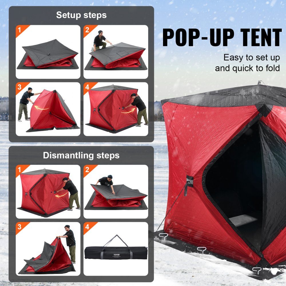 Portable Ice Fishing Tent, Pop Up Ice Fishing Tent for 3-4 People, Fishing Tent, Fishing Umbrella, Thermal Ice Hut for Winter Fishing, Tent with Anchors, Ropes, Carry Bag, 1.8x1.8x2m, Red