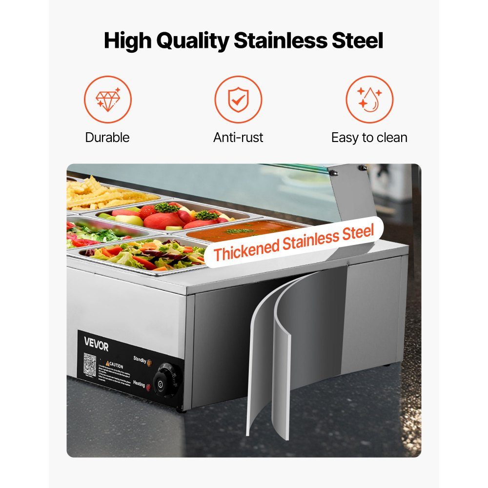 Commercial Food Warmer (10 x Size 1/2 Containers), 1.7KW Stainless Steel Electric Warming Container with Glass Cover and Soup Ladle, Chafing Dishes for Catering Restaurant Parties