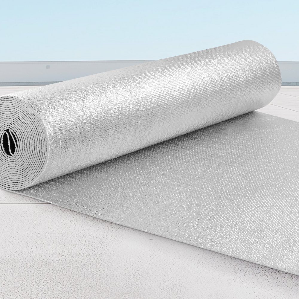Podwójna odblaskowa rolka izolacyjna, bariera promiennikowa z rdzeniem piankowym, 3,2 mm, 48" x 25 stóp, dwustronny znak odblaskowy wykonany z folii aluminiowej i pianki EPE, rolka termoizolacyjna do okien i dachów samochodów kempingowych