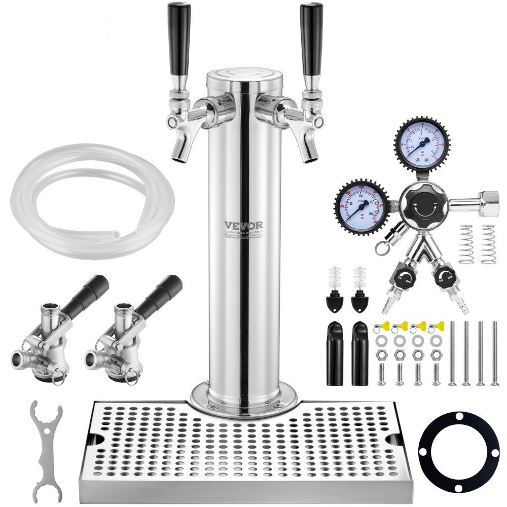 Kit de tour Kegerator, kit de conversion de bière avec 2 robinets, distributeur de tour de bière en acier inoxydable avec régulateur W21.8 à double jauge et coupleur de fût système S, plateau d'égouttage de bière pour fête à la maison