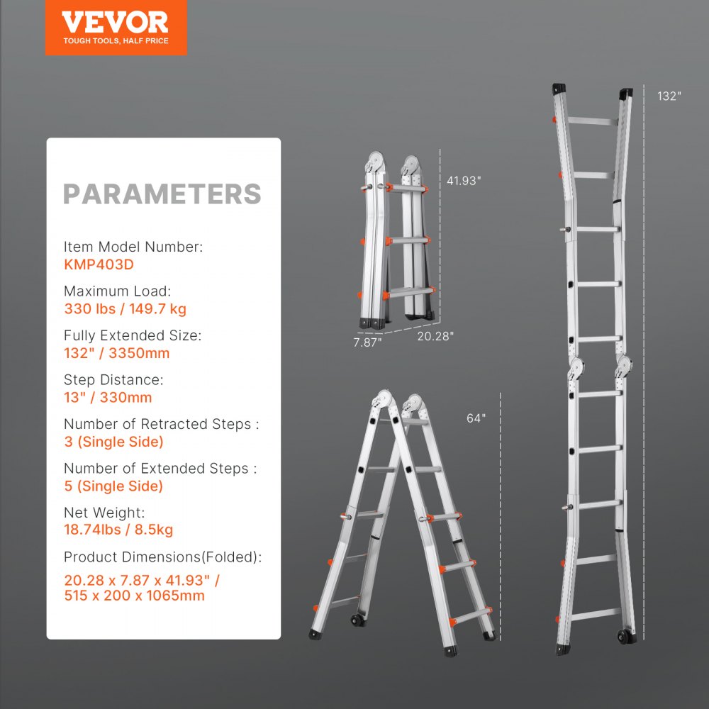 Telescopic A-Frame Ladder 3350mm Compact Aluminum Extension Ladder Multifunctional Portable Folding RV Ladder Telescopic Ladder for Homework Stairs Indoor Outdoor Roofs 150kg Load Capacity