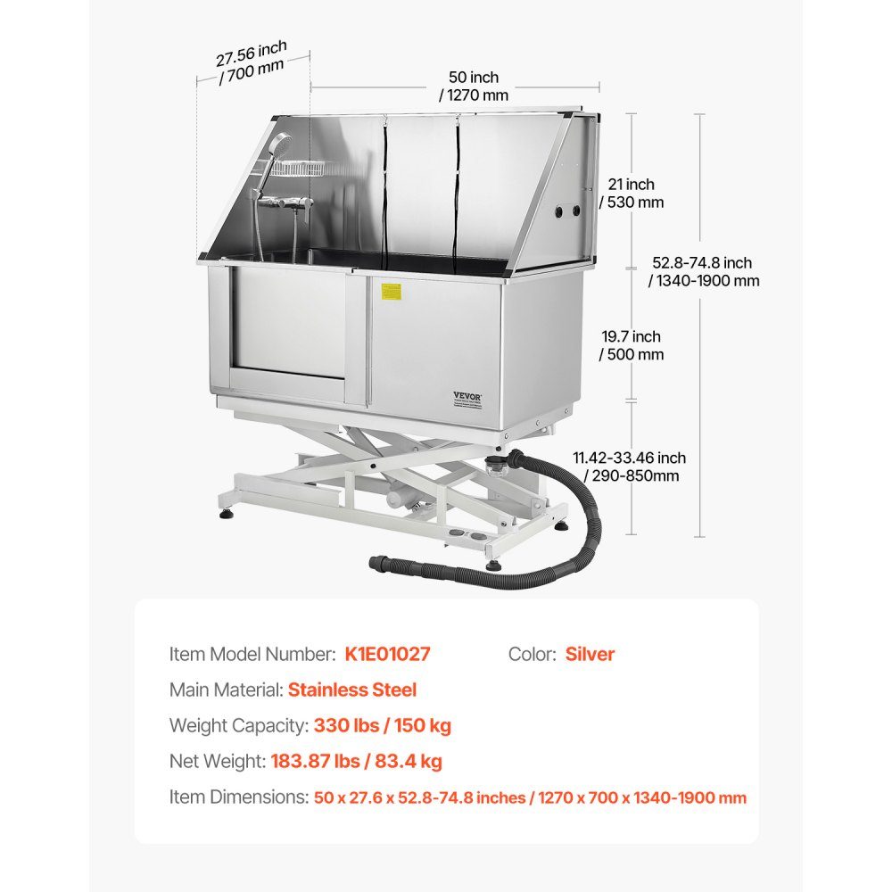 Electric Dog Washing Station with Lift Function, 50" Pet Grooming Tub with PE Water Filter Plate, Faucet and Shower Head, Dog Bathtub, Multi-Pet Sink (Left Door)