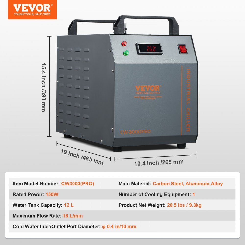Industriële waterkoeler, CW-3000 (PRO), 150 W luchtgekoeld industrieel waterkoeler-koelsysteem met watertank van 12 liter, maximaal debiet van 18 l/min, voor lasergraveermachine Koelmachine
