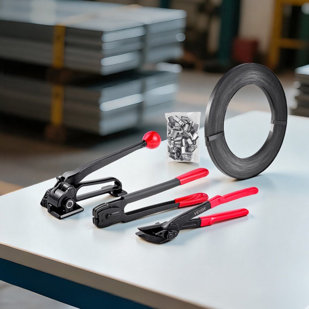 5 piece steel strapping set, manual strapping tool with 183m metal strap, 300 metal clamps and cutters, perfect workshop equipment for industrial packaging, transport and storage