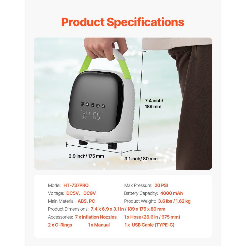 Paddleboard Pump (20 PSI) with USB Output, Two-Stage Electric SUP Air Pump with Auto Shut-Off and LED Light, Inflation and Deflation, Ideal for Inflatable Paddleboard Tents