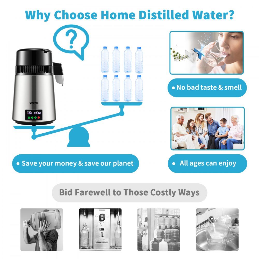 Water Distiller 1L/H Household Silver Water Distiller Make Distilled Water 750W, Double Screen Stainless Steel Distiller System with Glass Jug Distill Pure Water