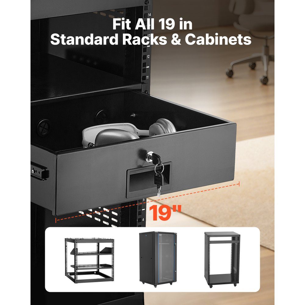 3U-Rack-Schublade, 50 Pfund, abschließbares Serverschrankgehäuse, Schiebeschublade mit Schloss und Kabelführungslöchern für 482 mm Netzwerkgeräte, Server, AV-Rack oder Schrankgehäuse