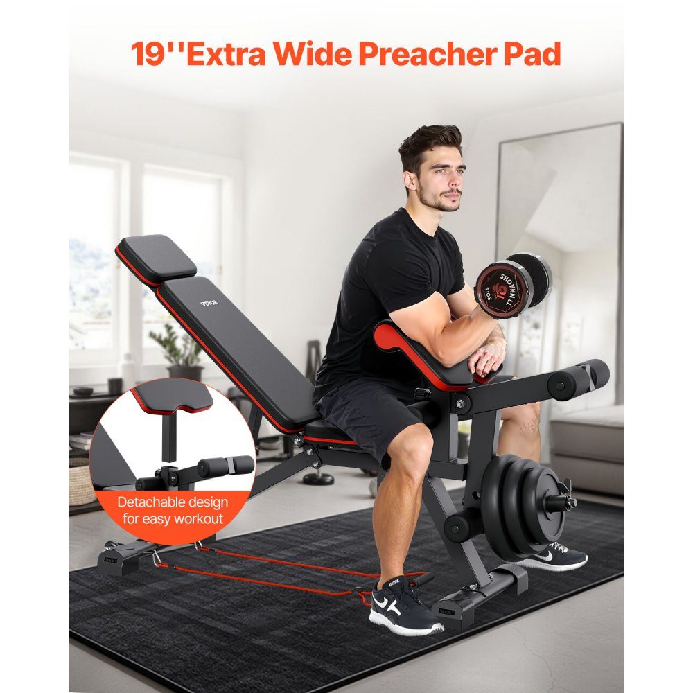 Weight bench, adjustable custom trainer for full body training (363 kg load capacity), sit-up training bench, fitness bench, flat bench with leg extension, preacher pad, quick adjustment