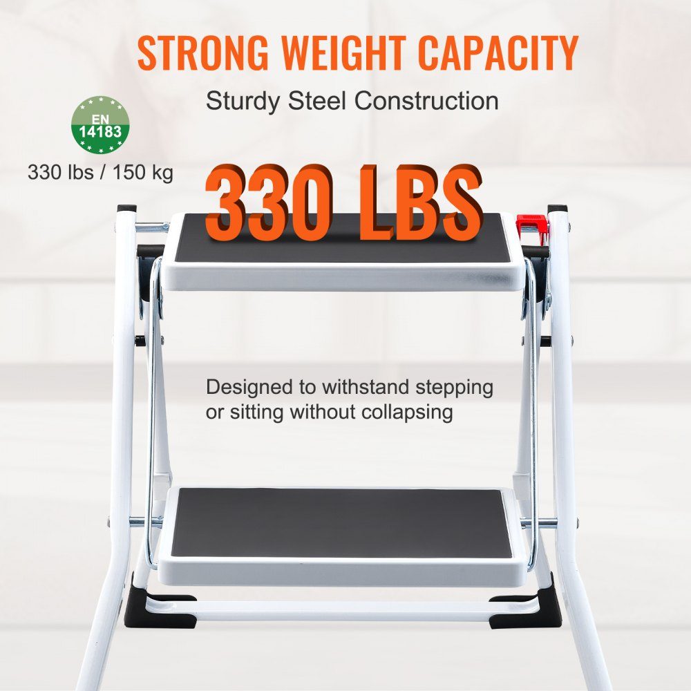 Household ladder 500x480x450mm folding step ladder made of steel step ladder 2 steps step ladder 150kg load capacity folding step double step ladder 445mm high kitchen ladder non-slip step stool