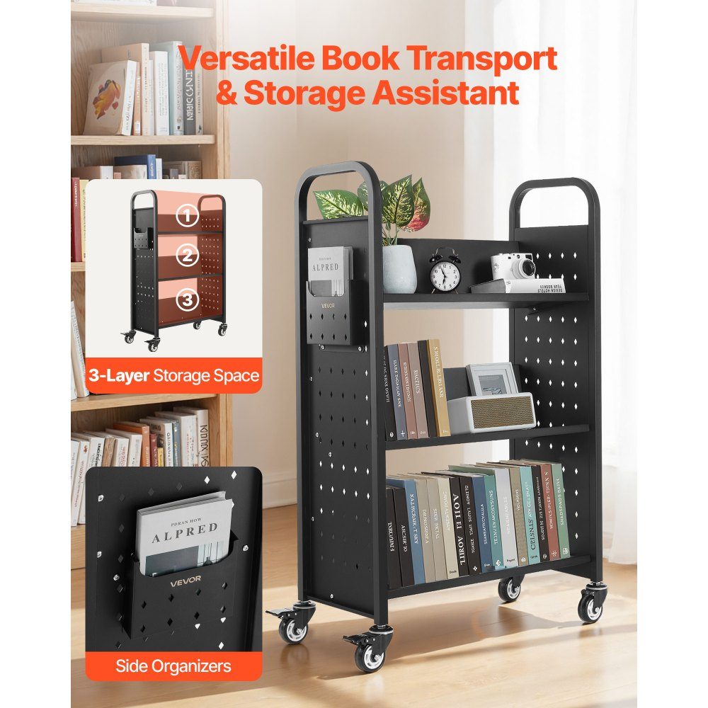 Book Trolley 150kg Load Capacity Library Trolley 77 x 38 x 122cm Single Sided V Shaped Bookshelf with Double Brake Wheels Bookshelf Trolley for Living Room Office School Black