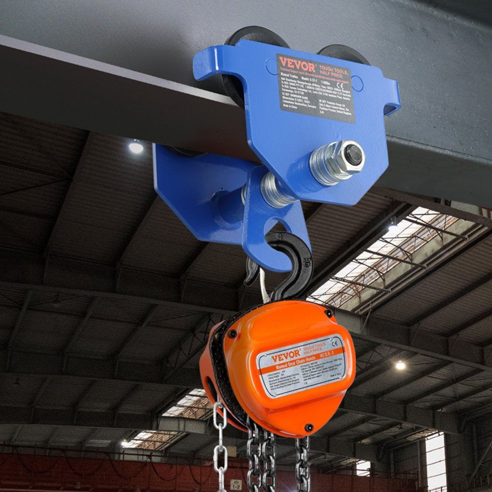 Trolley, draagvermogen 0,5 T, trolley met dubbele wielen, verstelbaar voor I-balk flensbreedte 63,5 tot 139,7 mm. Robuuste garagetakel van gelegeerd staal voor rechte, gebogen I-balken