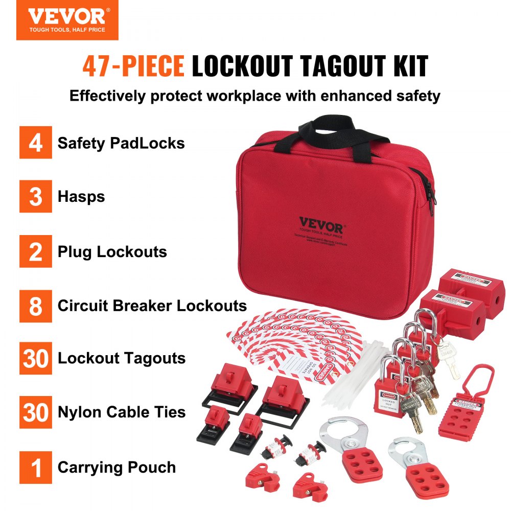 Elektrische vergrendeling Tagout-set, 47-delige Loto-beveiligingsset met hangsloten, grendels, tags, nylon riemen, stekkervergrendelingen, stroomonderbrekervergrendelingen en draagtas