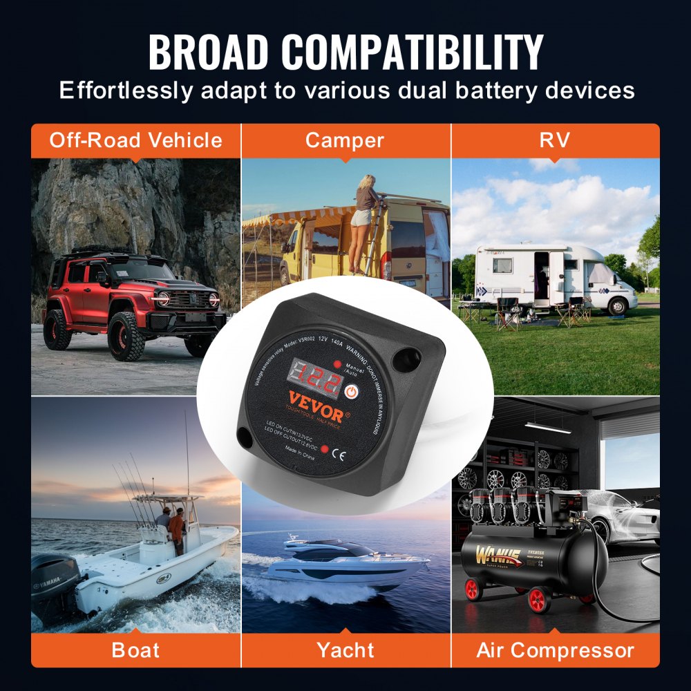 Spanningsgestuurd scheidingsrelais 12V 140A Handmatige automatische modus Spanningsgevoelig VSR-relais met LCD-scherm voor ATV UTV RV SUV Vrachtwagen Boot Jacht Spanningsgestuurd scheidingsrelais 12V 140A Handmatige automatische modus Spanningsgevoelig VSR-relais met LCD-scherm voor ATV UTV RV SUV Vrachtwagen Boot Jacht