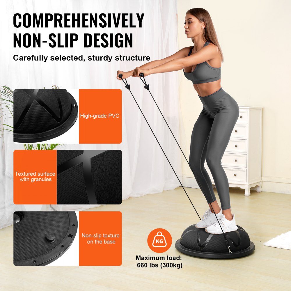 Half Exercise Ball Trainer, 23" Balance Ball Trainer, 660lbs Load Capacity Stability Ball, Yoga Ball with Resistance Bands and Pump, Strength Fitness Ball for Home Gym, Full Body Workout, Black