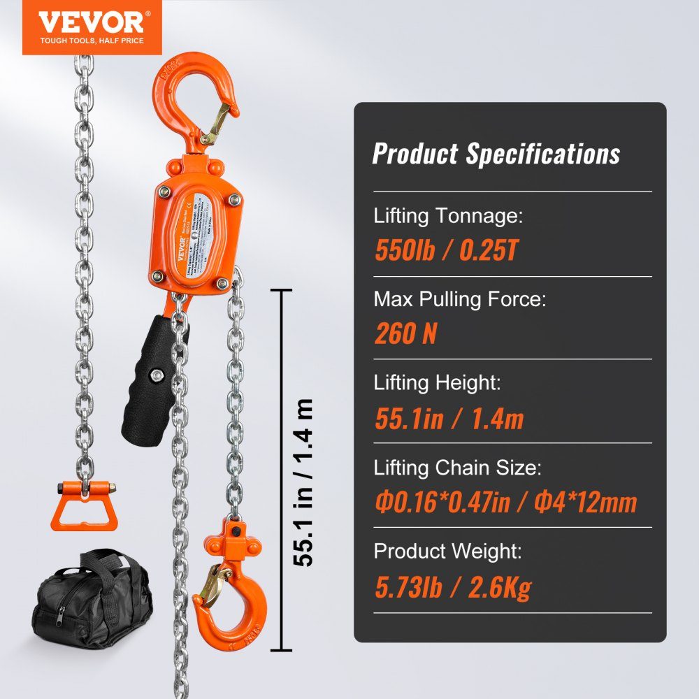 Mini lever hoist, 0.25 ton capacity, chain hoist, 260 N pulling force, pulley block, 1.40 m lifting height, ratchet hoist, 4 x 12 mm lifting chain size, Weston double pawl brake, 360° rotating hook hand chain hoist