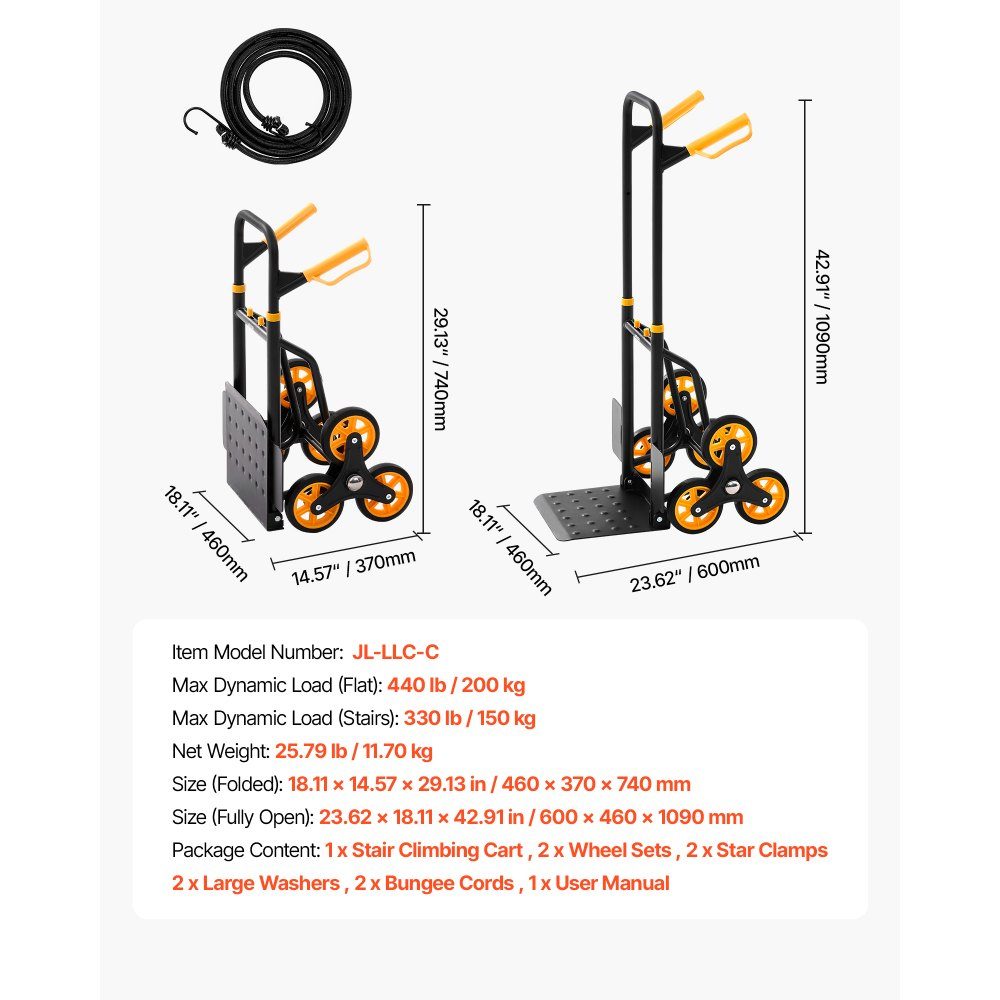 Folding stair hand truck, hand truck 150 kg load capacity, stair climber with 6 wheels & 2 tension straps, transport trolley, stair truck, stacking truck, ideal for household, shopping & storage