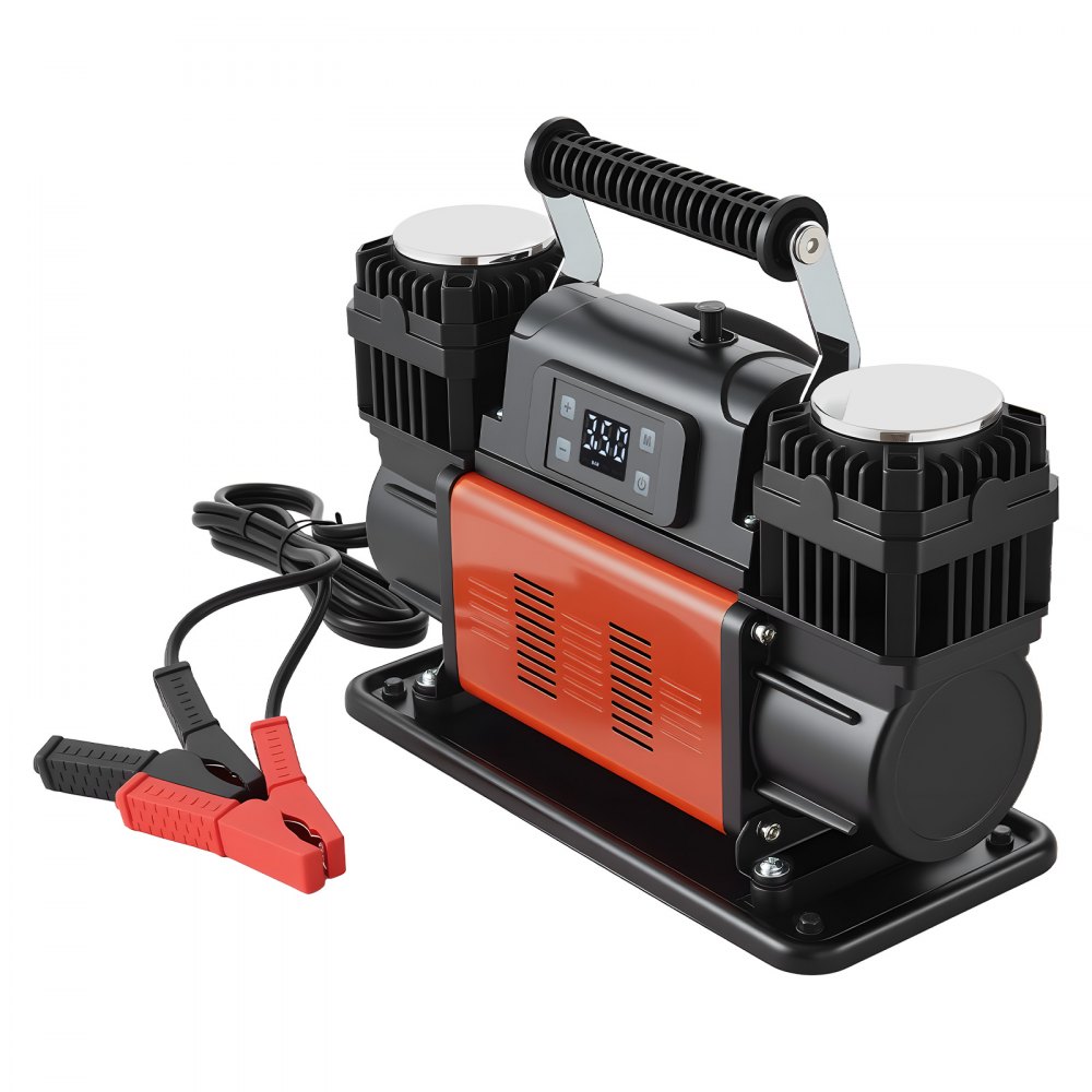 Luchtcompressor, tweecilinder, 300 l/min, bandenpomp met automatische uitschakeling, 12 V, 10,3 bar, terreinluchtpomp met digitaal LCD-display en adapters voor vrachtwagens, auto's, SUV's, SUV's en campers