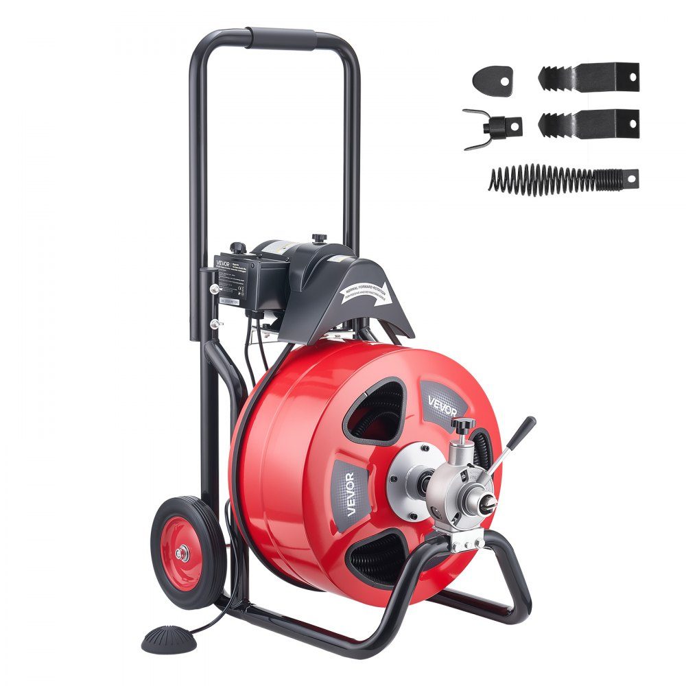 Rohrreinigungsmaschine mit automatischem Vorschub, 30m x 19mm Rohrreinigungsspirale mit Rollen, elektrischer Rohrreiniger für 100-200mm Rohre, Rohrreinigungsgerät für Abflüsse, Toiletten, Waschbecken