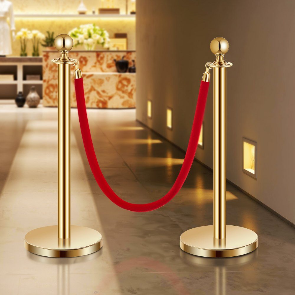 Afzetpalen (4 stuks) voor crowd control met 2 rood fluwelen touwen (1,5 m lang), RVS slagboomstandaard met hervulbare voet voor tentoonstellingen Golden