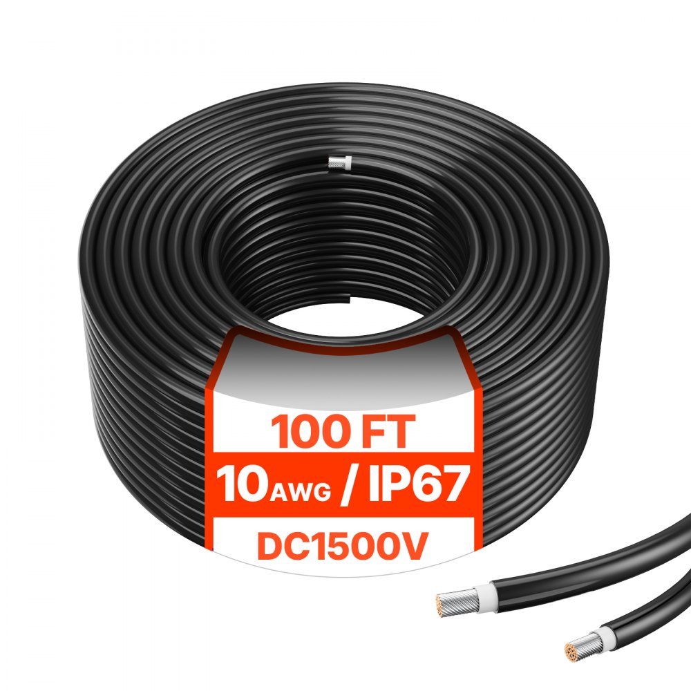 100ft Solar Cable, Solar Panel Cable, 10AWG Solar Extension Cable, IP67 Waterproof PV Cable for Home Solar Panels, -40 to 105℃, Ships and RVs, Black