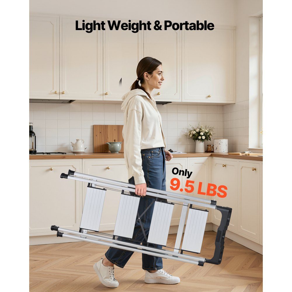 Trittleiter 4 Stufen, Klappleiter mit Anti-Rutsch-Stufen & komfortablem Griff, Haushaltsleiter Belastbarkeit 150 kg, Sicherheitsleiter aus Aluminium für Küche, Haushalt, Lager & Büro, Silber