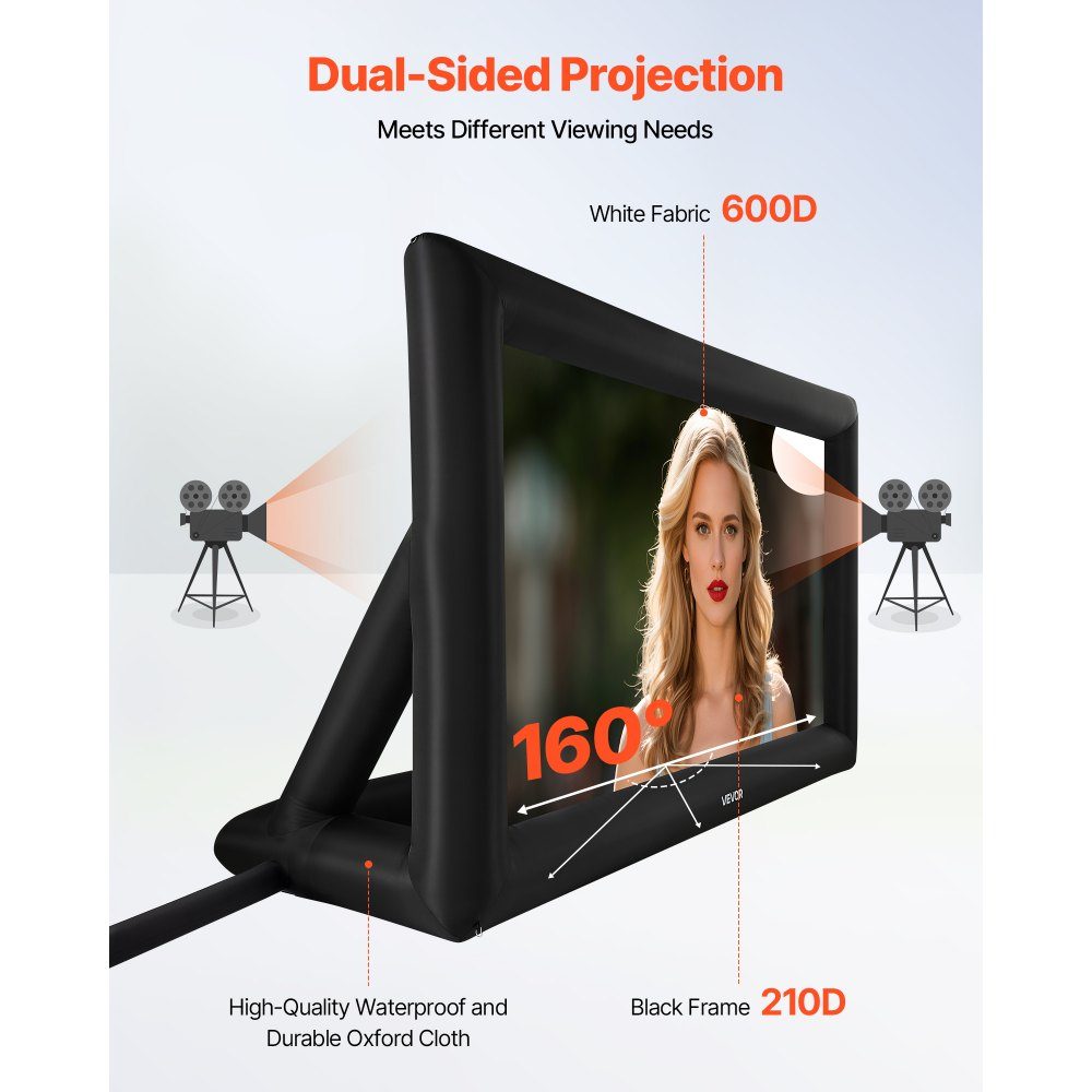 Inflatable Movie Screen, 600D Projector Screen, Projection Screen with Portable Storage Bag, 16:9 Movie Projection for Home Theater Theme Party, Pool Fun (513x185x330cm)