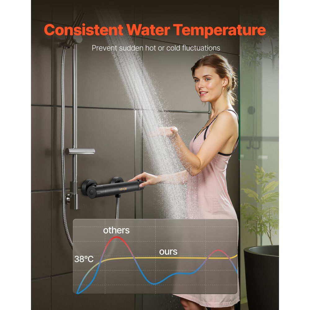 Shower Faucet with Thermostat Shower Faucet Shower Faucet with 38°C Safety Lock Shower Faucet Valve Bathtub Temperature Control Valves for Bathroom RV Hotel Matte Black