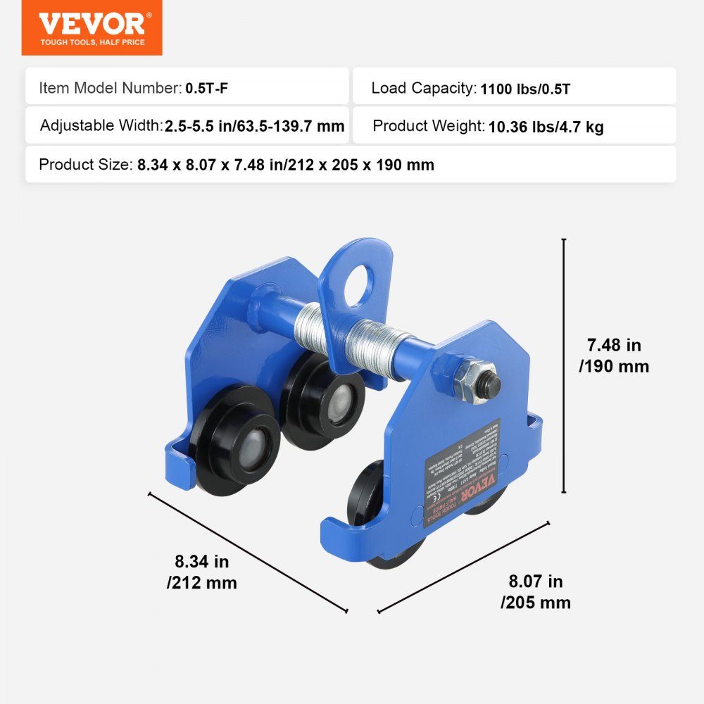 Trolley, draagvermogen 0,5 T, trolley met dubbele wielen, verstelbaar voor I-balk flensbreedte 63,5 tot 139,7 mm. Robuuste garagetakel van gelegeerd staal voor rechte, gebogen I-balken