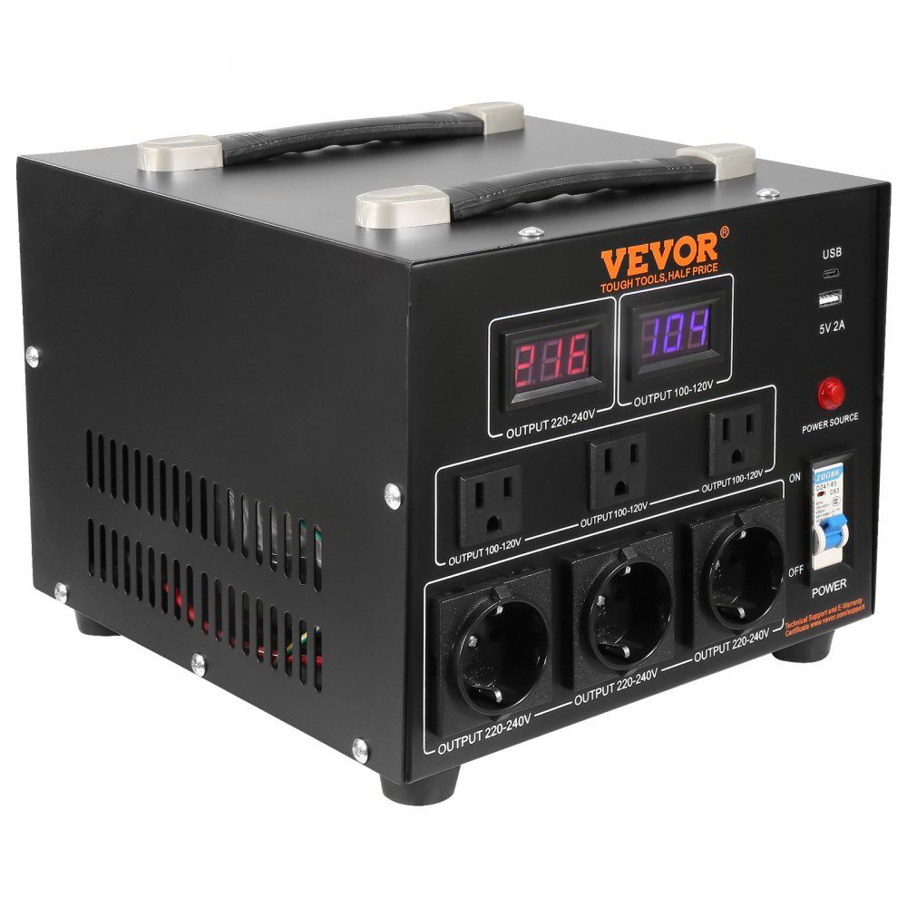 5000 W Spannungswandler-Transformator AC 110 V⇋220 V Transformator-Konverter 3x US NEMA 5-15R 3-polig / 3x europäische Shucko-Ausgangsbuchsen, 1x 5V USB-Anschluss und 1x Typ-C-Buchse