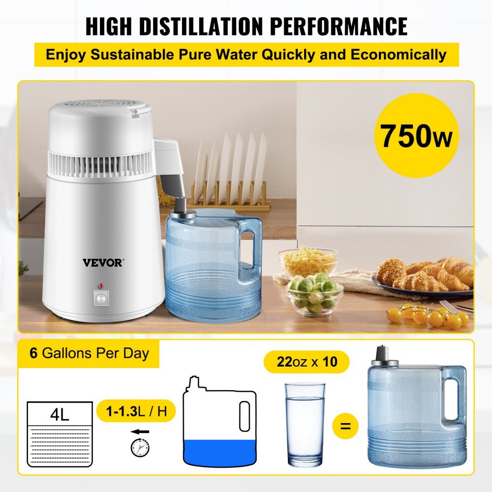 Waterdestilleerder drinkwater, 750W waterdestilleerder 1,3 L/H distilleerder waterdestilleerder, 304 roestvrijstalen witte distilleerder met handvat, thermostaat