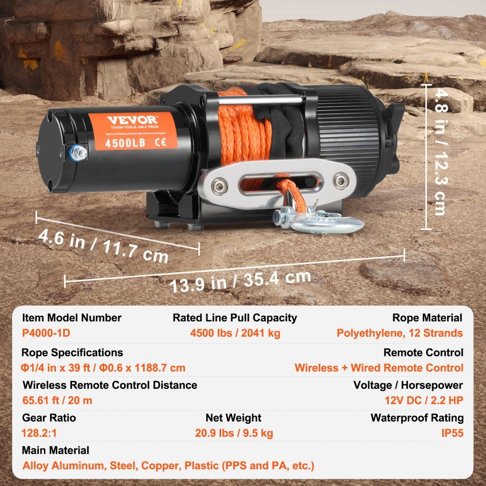 Electric Winch, 2048kg Pulling Force, 12V DC for ATV/UTV, with 12 Strand Synthetic Rope (Φ1/4" x 39ft), Aluminum Fairlead, Remote Controls, IP55 Water Resistance