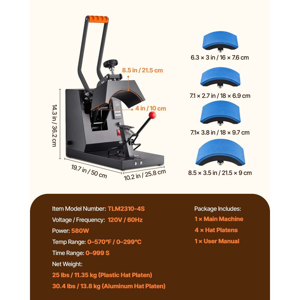 Hat Heat Press, 4 in 1 Cap Heat Press, 6 x 3 Inch Folding Cup Sublimation Transfer, LCD Digital Timer Temperature Control with 4 Curved Heating Elements (6 x 3/6.7 x 2.7/6.7 x 2.7 x 2.7 cm)