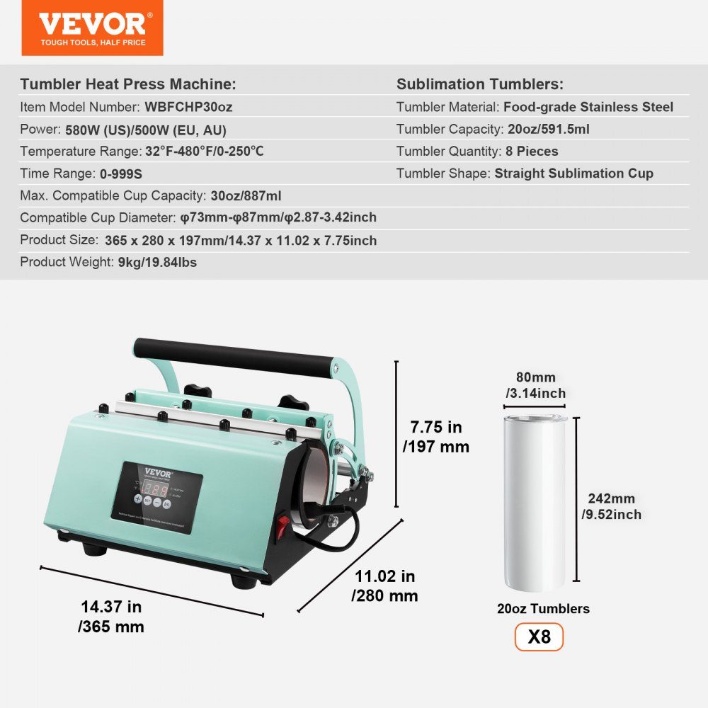 Mug Heat Press and Sublimation Mugs, Mug Press Set with 8 Blank 20oz Mugs, Mug Press for 12-22oz Mugs, with Heat Transfer Paper, Gloves and Tape