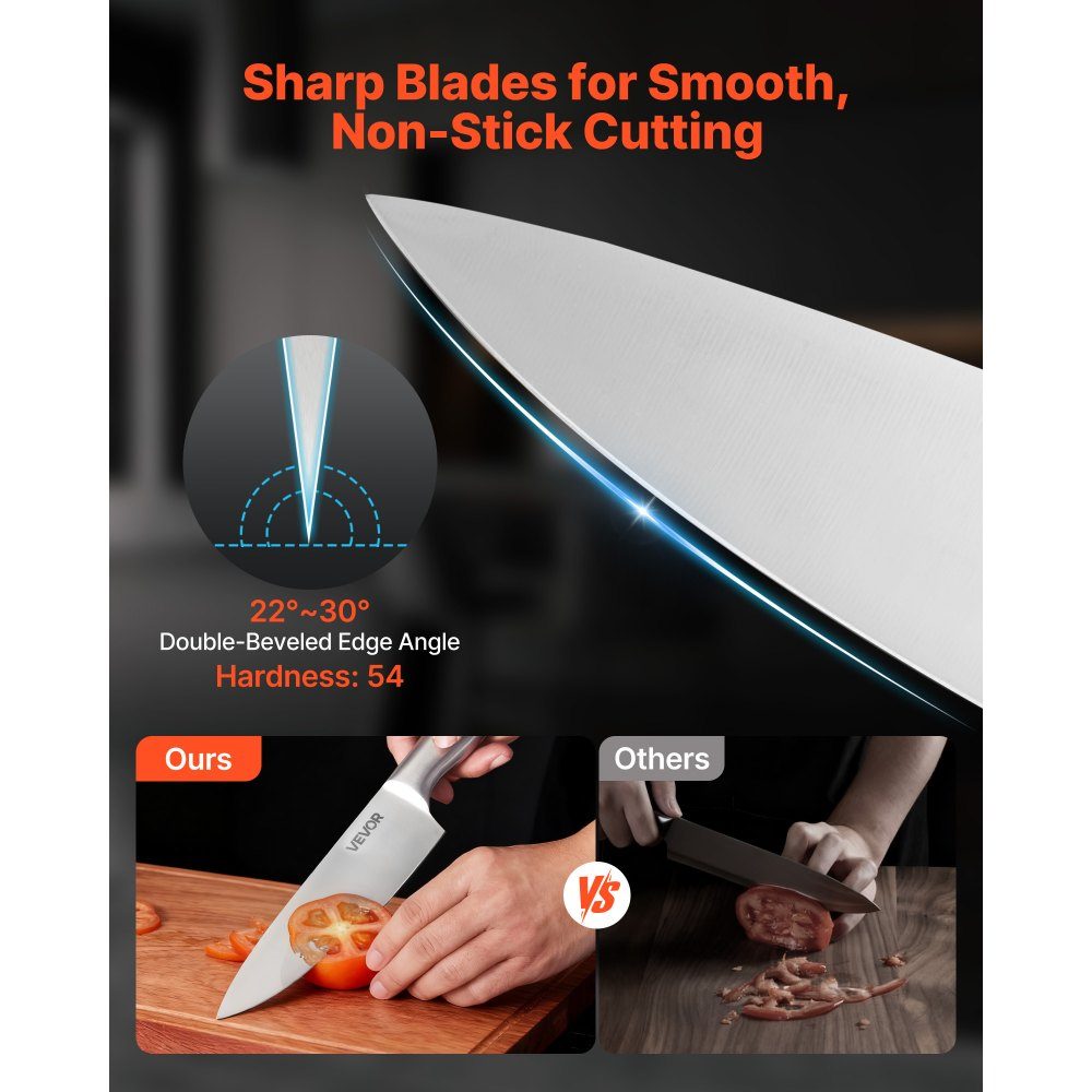 Kitchen knife set with knife block (wood) & sharpening steel, 15 pieces. Knife set of sharp knives made of high carbon stainless steel, kitchen cutlery with ergonomic handle, for home cooks