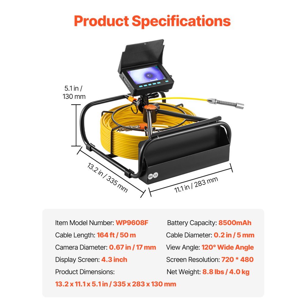 Sewer Camera 50m 4.3" Pipe Inspection Camera with Lighting - 6 Adjustable LEDs, 16GB Card, 3x Zoom and 8500mAh High Capacity Battery, IP68 Plumbing Camera for Sewer Pipes