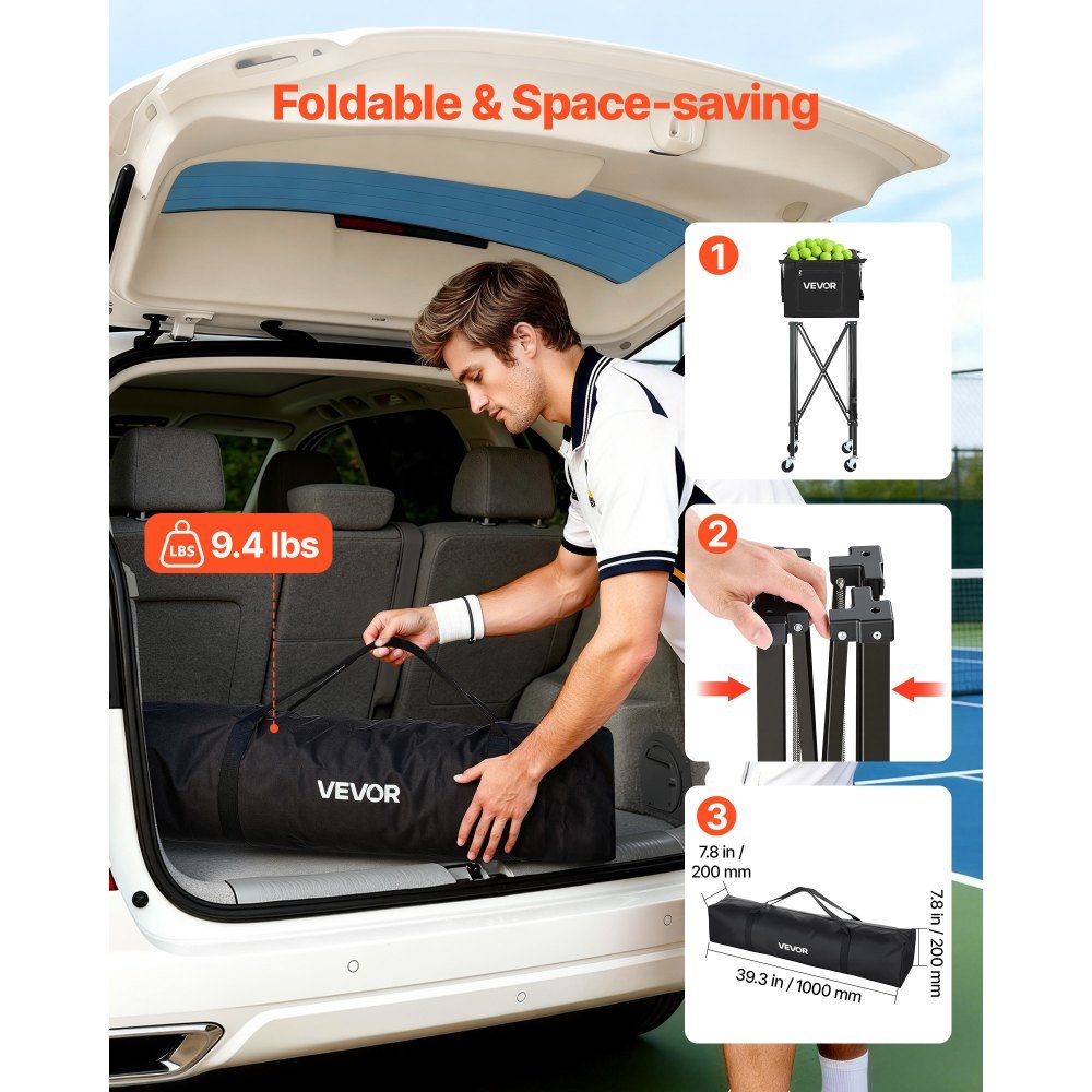Tennisballwagen faltbar, Tennisballkorb für 120 Tennisbälle, faltbarer Ballwagen mit Rahmen aus Aluminiumlegierung und Tragetasche, mobiler Ballkorb mit Rädern zur Trainingsaufbewahrung, Schwarz