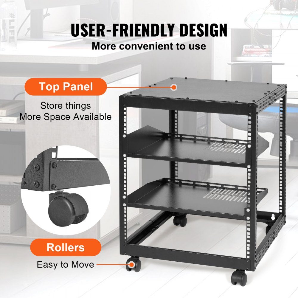 12U Open Frame Server Rack 23-40" Adjustable Depth Freestanding/Wall Mounted Network Server Rack 4 Post AV Rack with Wheels for all your Network IT Equipment AV Equipment