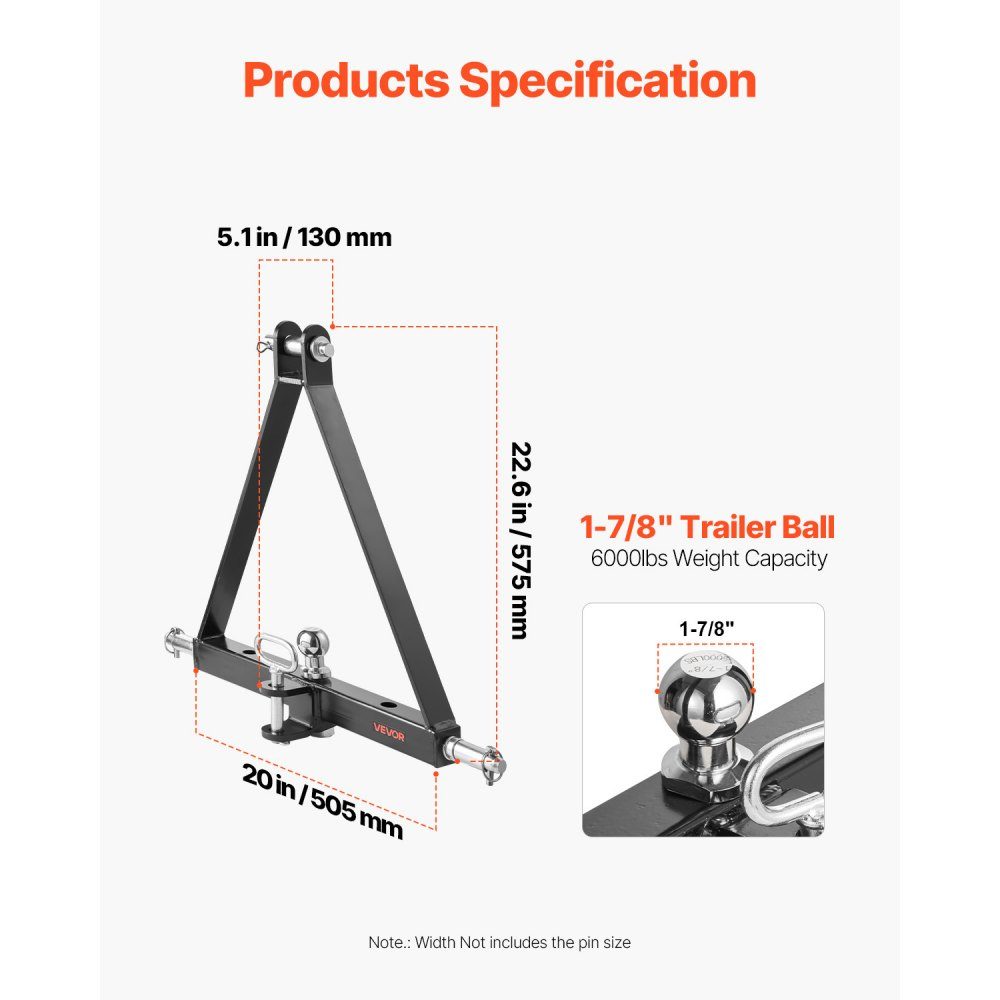 3 Point Tow Hitch with 1-7/8" Receiver 3 Point Mount 2721kg Tractor Tow Hitch Adapter Compatible with Kubota, Mahindra, John Deere, Massey Ferguson, 505x575x130mm – Part No. HT-22459